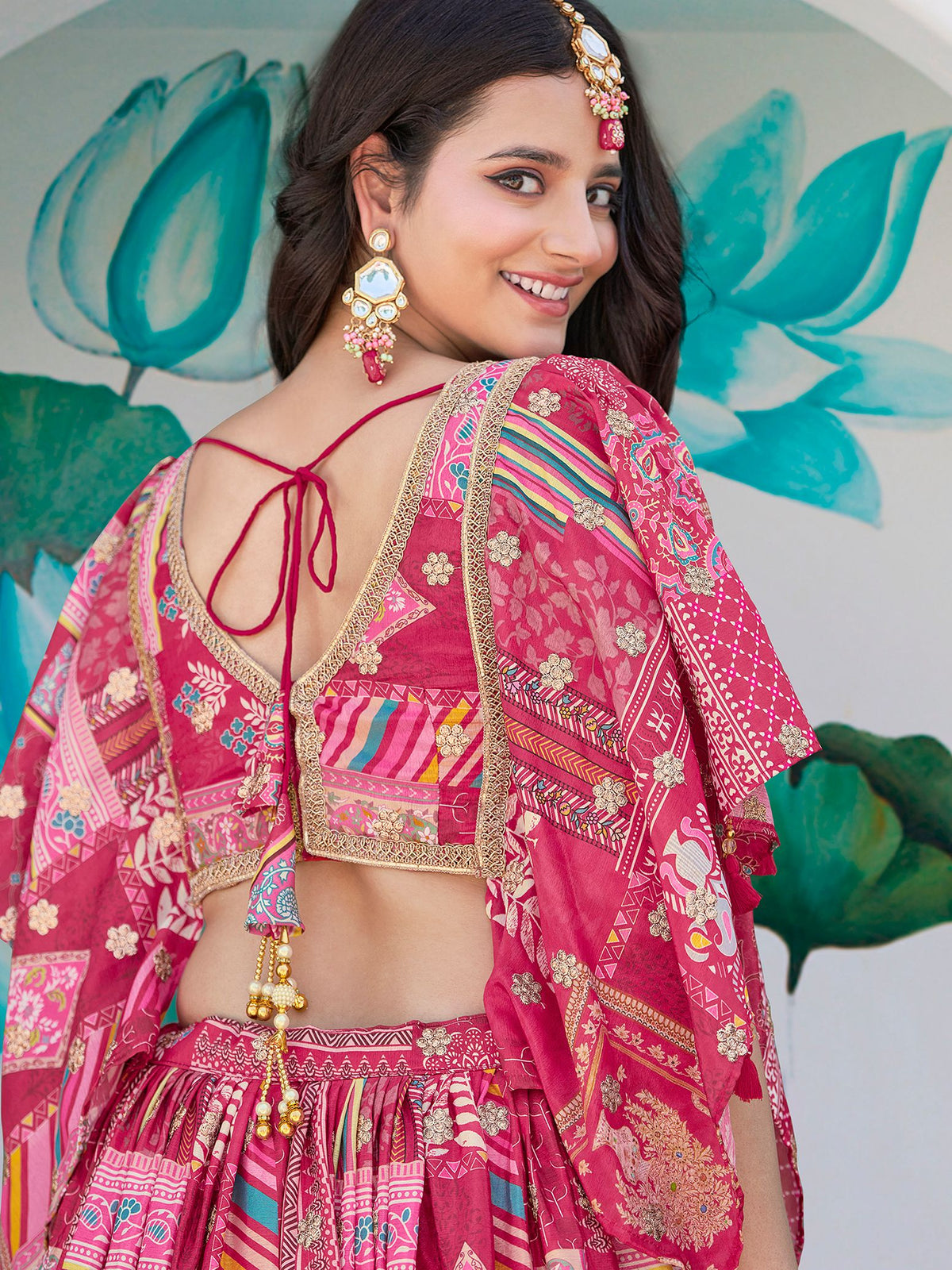 Pink Chinnon Silk Semi-Stitched Lehenga Choli with Chiffon Dupatta