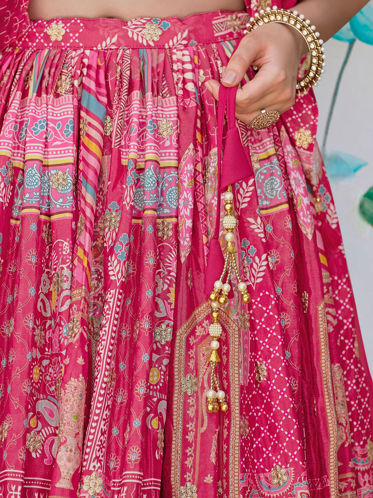 Pink Chinnon Silk Semi-Stitched Lehenga Choli with Chiffon Dupatta