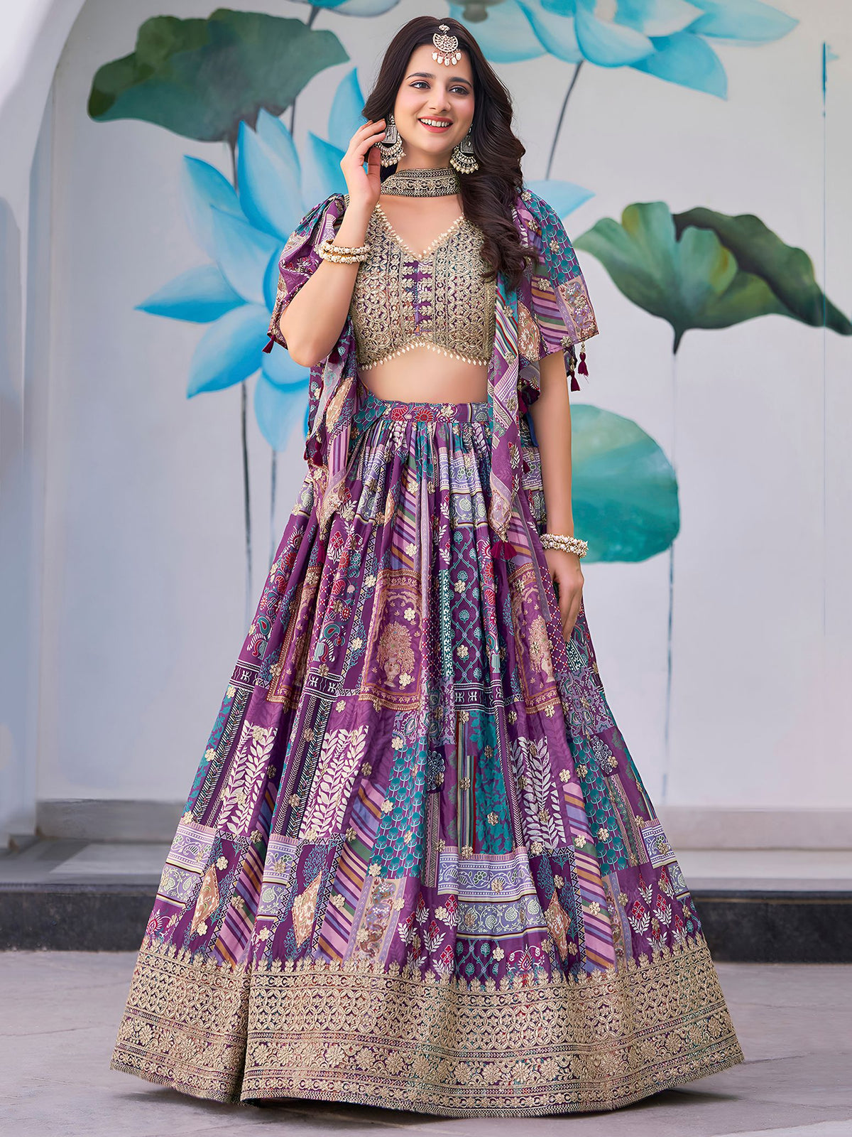 Purple Chinnon Silk Semi-Stitched Lehenga Choli with Chiffon Dupatta