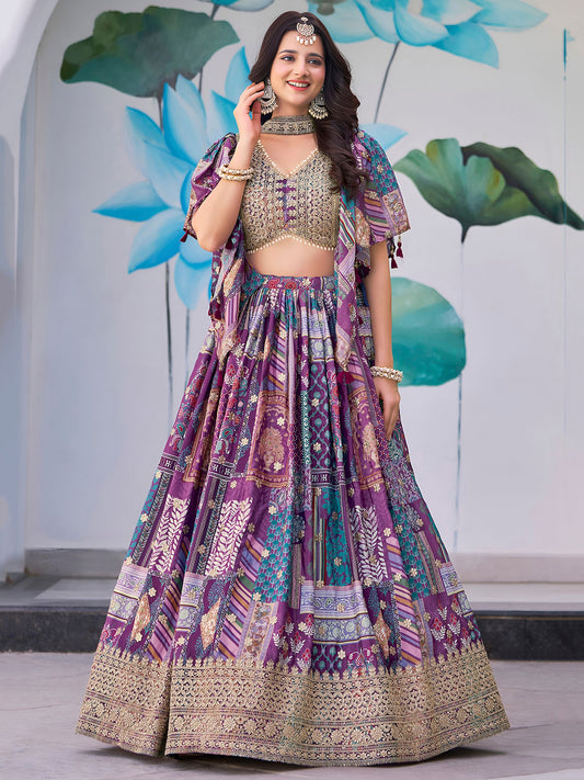Purple Chinnon Silk Semi-Stitched Lehenga Choli with Chiffon Dupatta