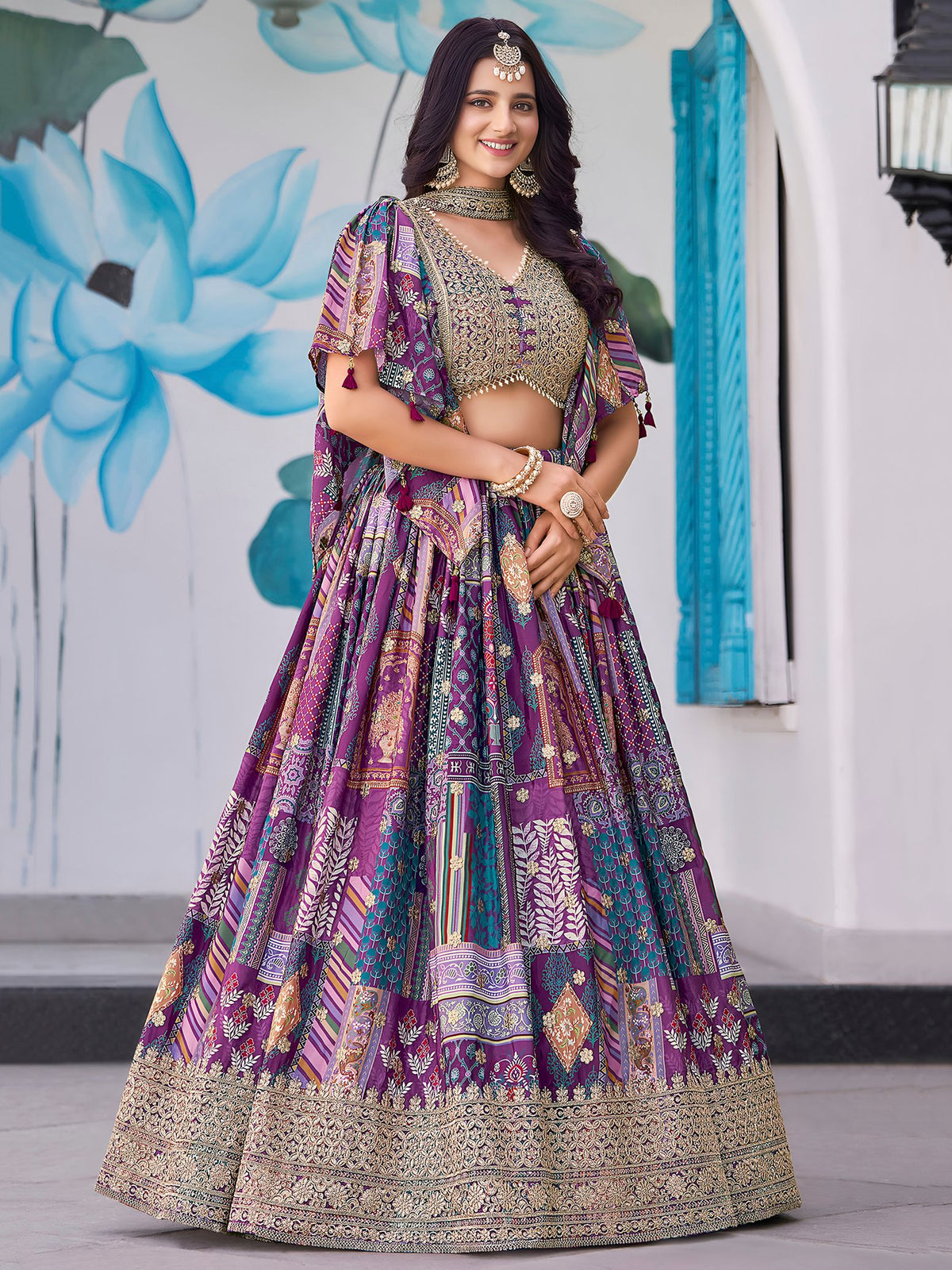 Purple Chinnon Silk Semi-Stitched Lehenga Choli with Chiffon Dupatta