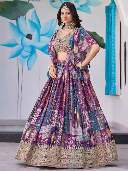 Purple Chinnon Silk Semi-Stitched Lehenga Choli with Chiffon Dupatta