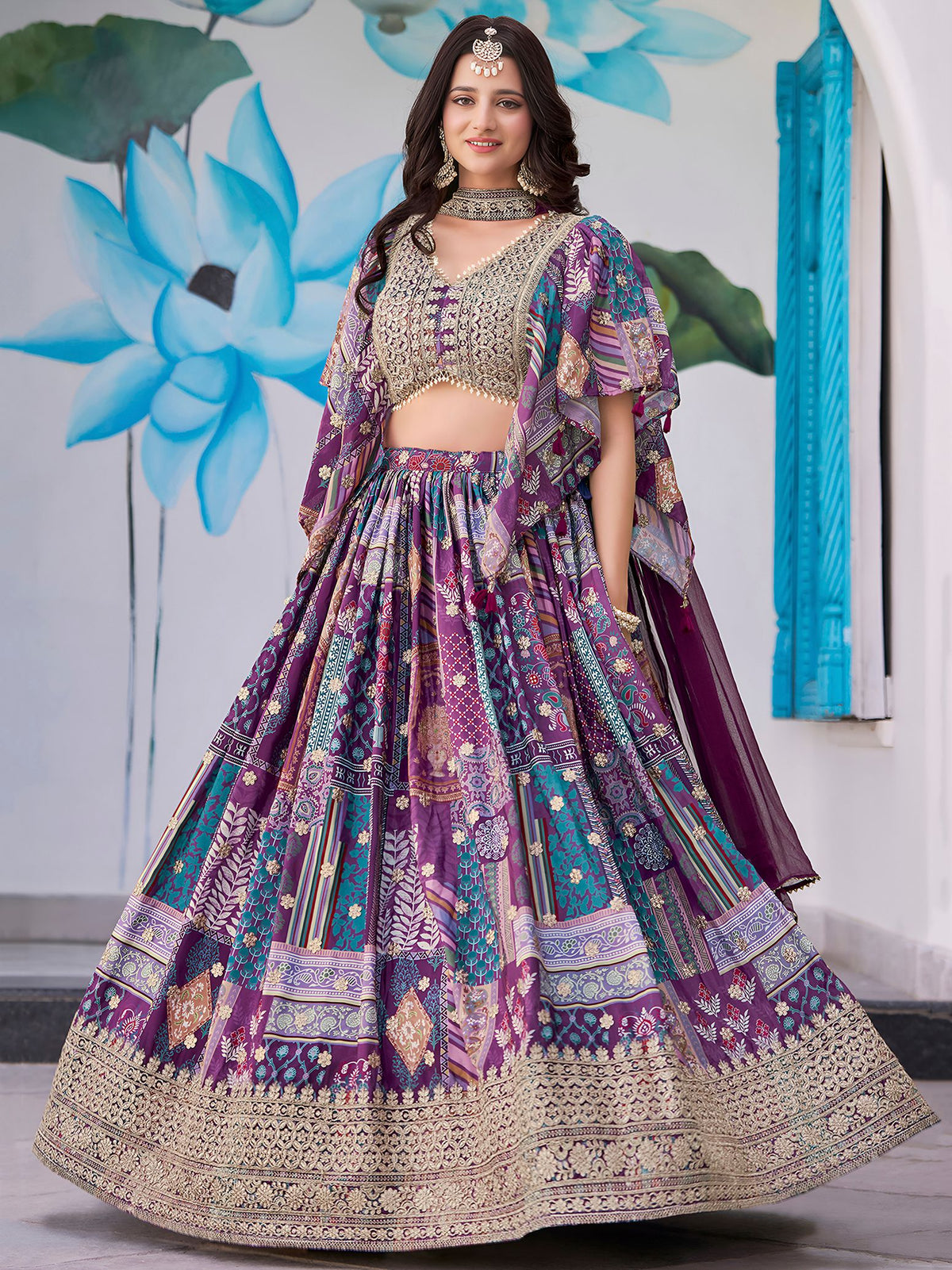 Purple Chinnon Silk Semi-Stitched Lehenga Choli with Chiffon Dupatta