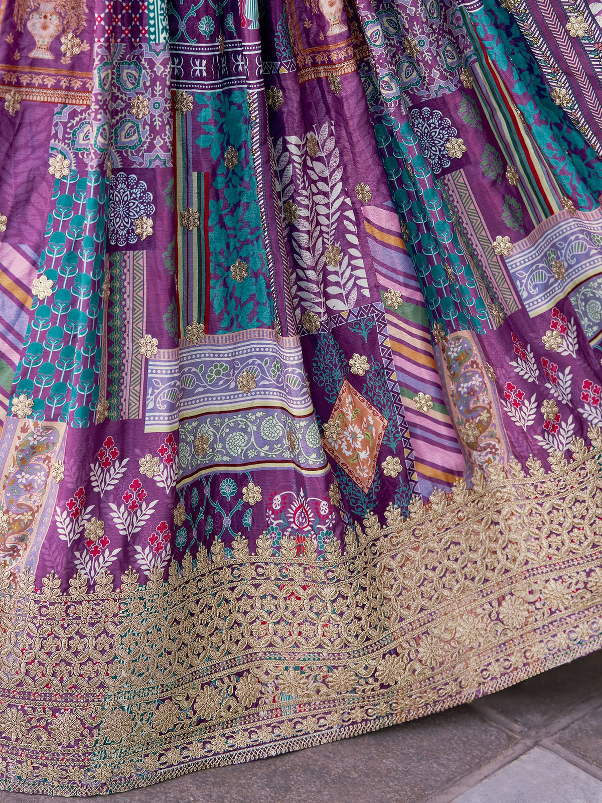 Purple Chinnon Silk Semi-Stitched Lehenga Choli with Chiffon Dupatta