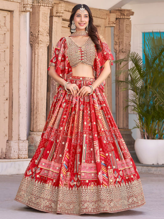 Red Chinnon Silk Semi-Stitched Lehenga Choli with Chiffon Dupatta