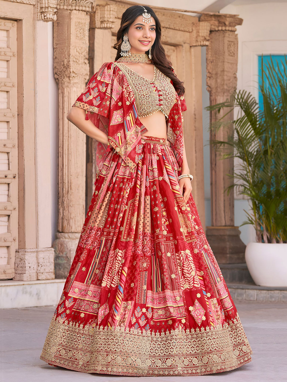 Red Chinnon Silk Semi-Stitched Lehenga Choli with Chiffon Dupatta