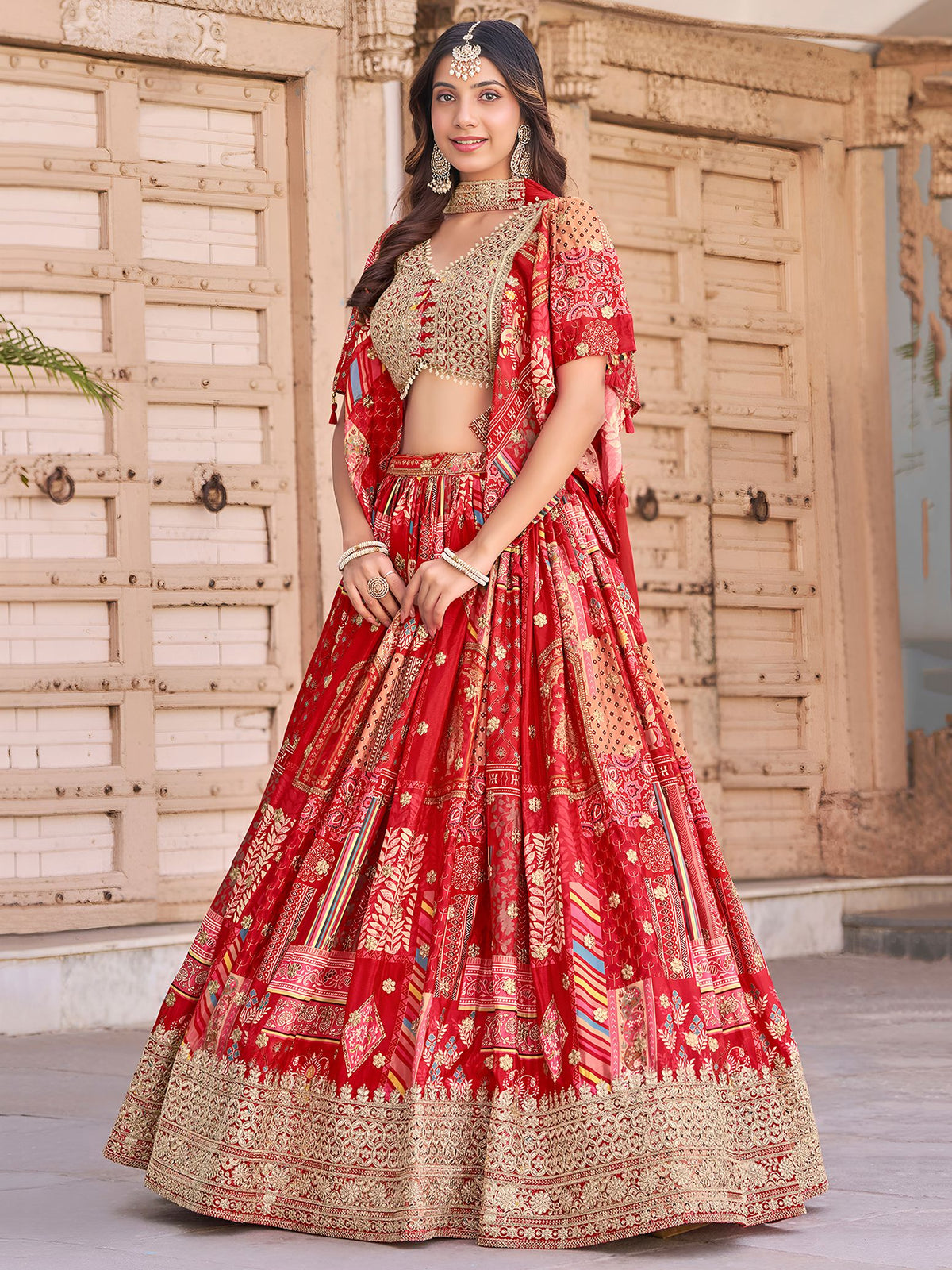 Red Chinnon Silk Semi-Stitched Lehenga Choli with Chiffon Dupatta