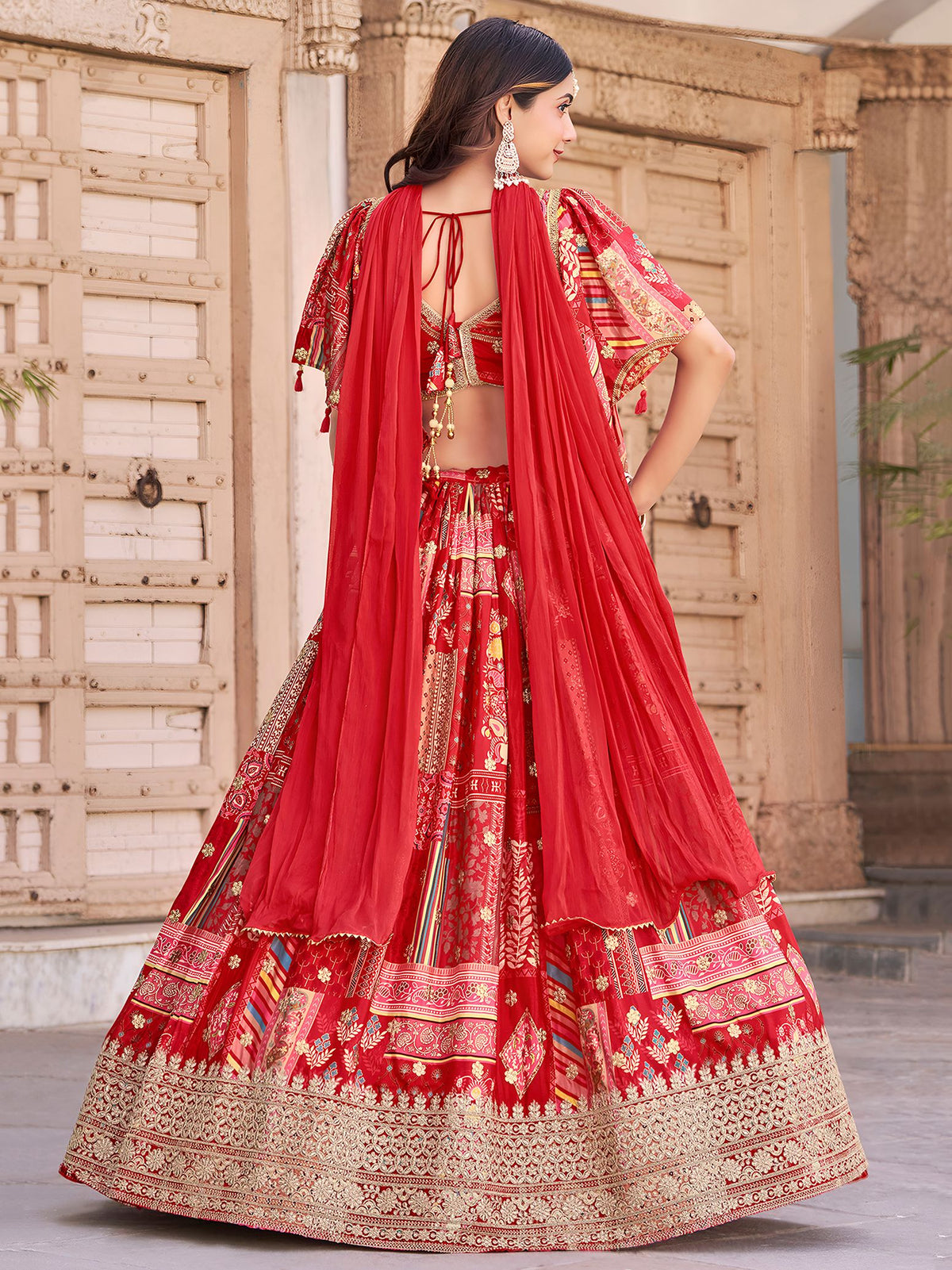 Red Chinnon Silk Semi-Stitched Lehenga Choli with Chiffon Dupatta