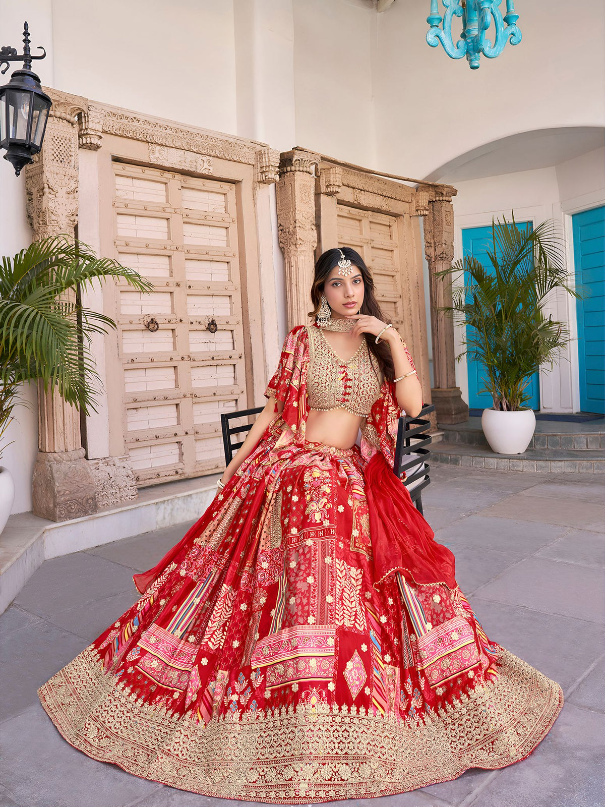Red Chinnon Silk Semi-Stitched Lehenga Choli with Chiffon Dupatta