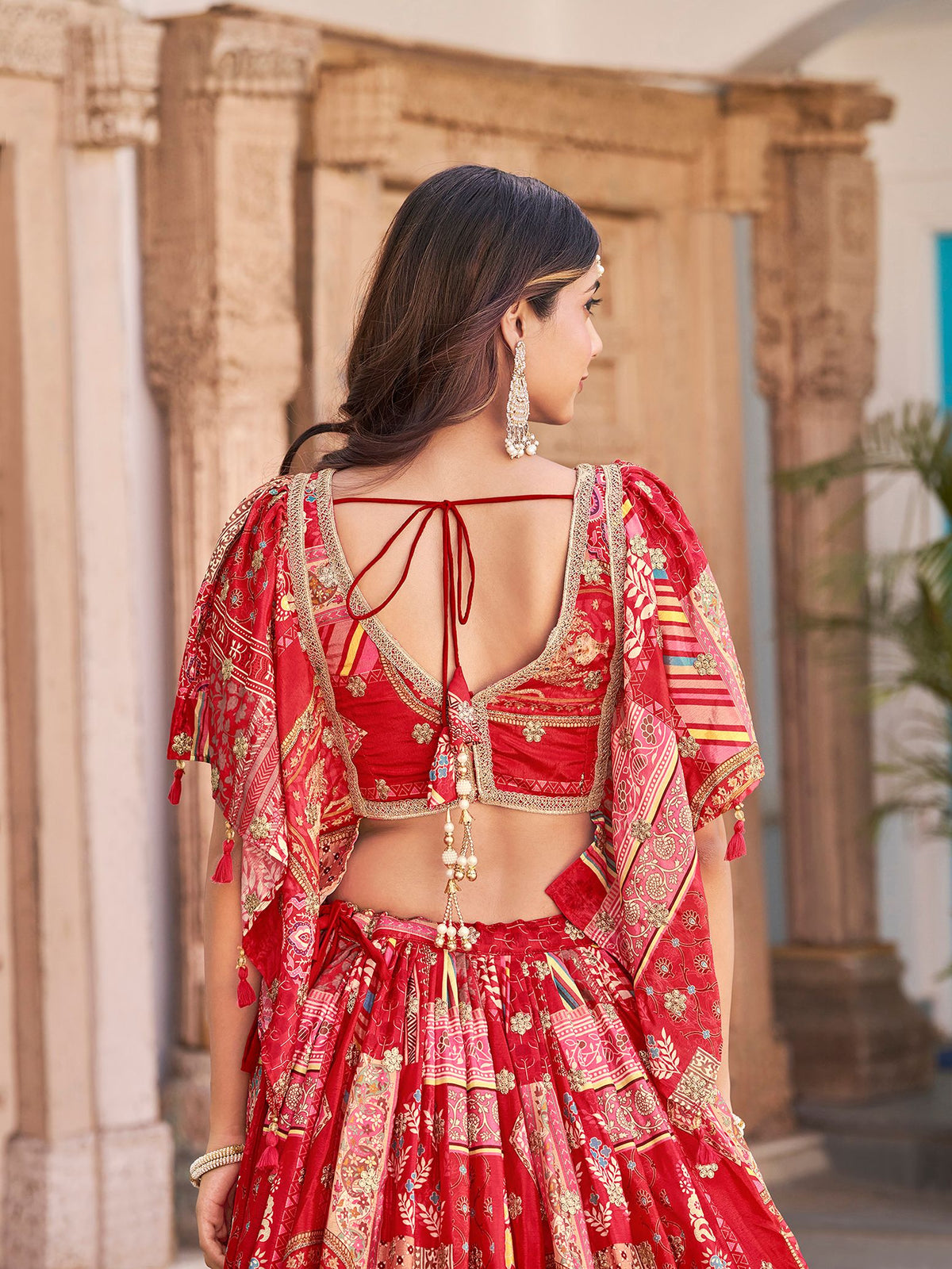 Red Chinnon Silk Semi-Stitched Lehenga Choli with Chiffon Dupatta
