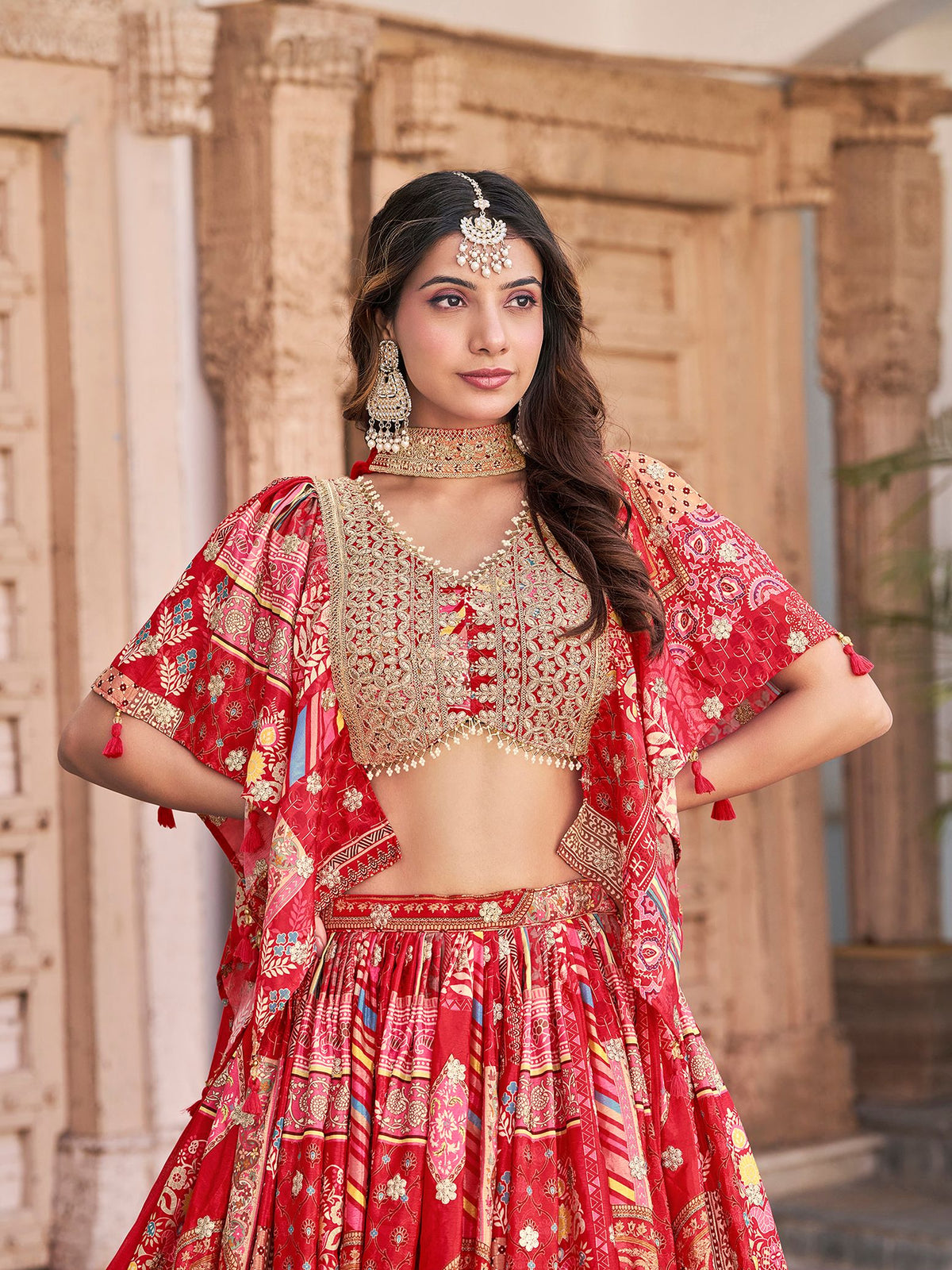 Red Chinnon Silk Semi-Stitched Lehenga Choli with Chiffon Dupatta