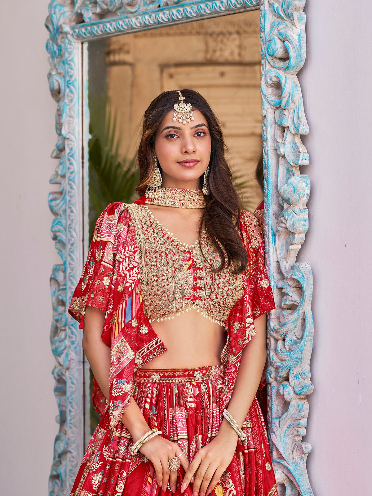 Red Chinnon Silk Semi-Stitched Lehenga Choli with Chiffon Dupatta