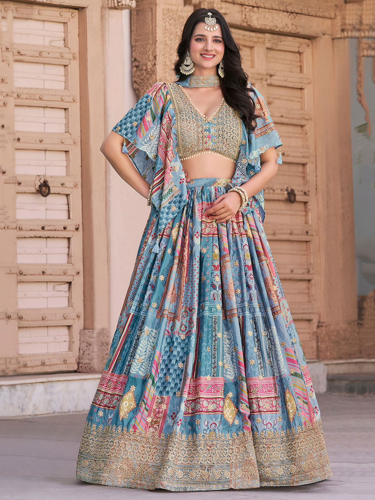 Sky Chinnon Silk Semi-Stitched Lehenga Choli with Chiffon Dupatta