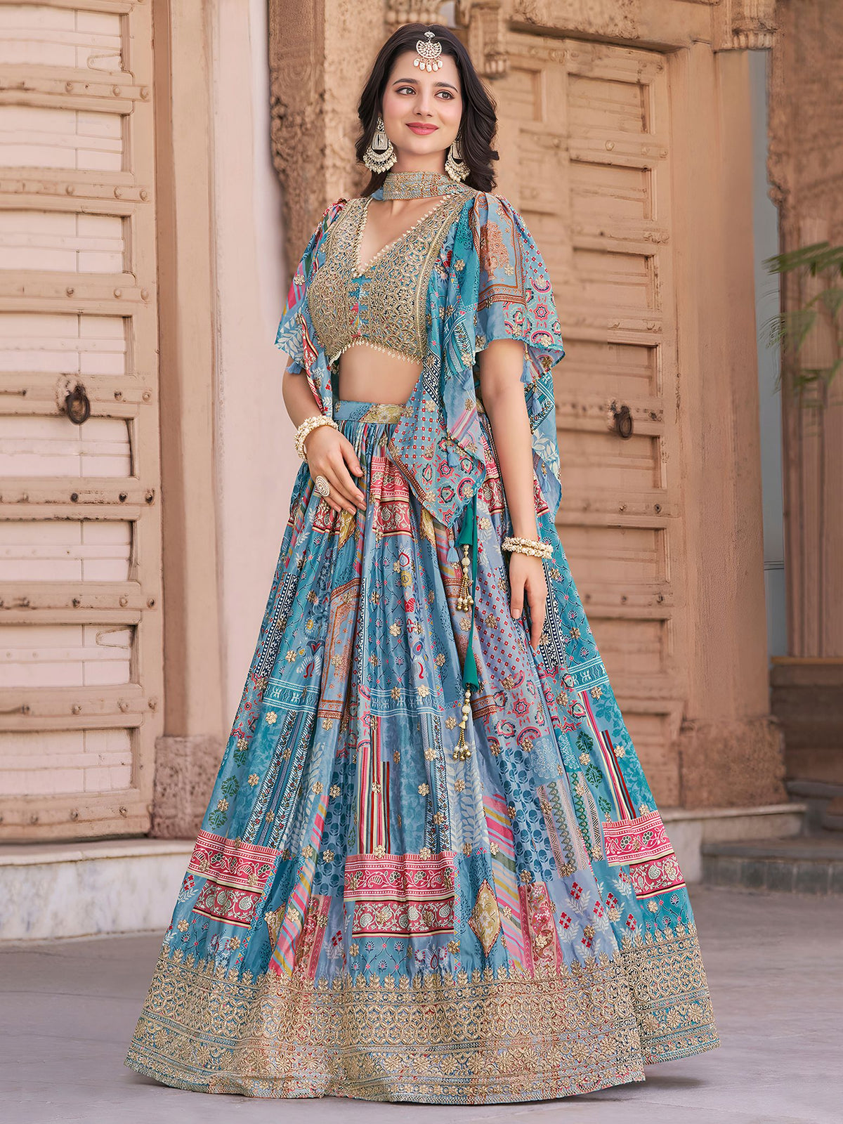 Sky Chinnon Silk Semi-Stitched Lehenga Choli with Chiffon Dupatta