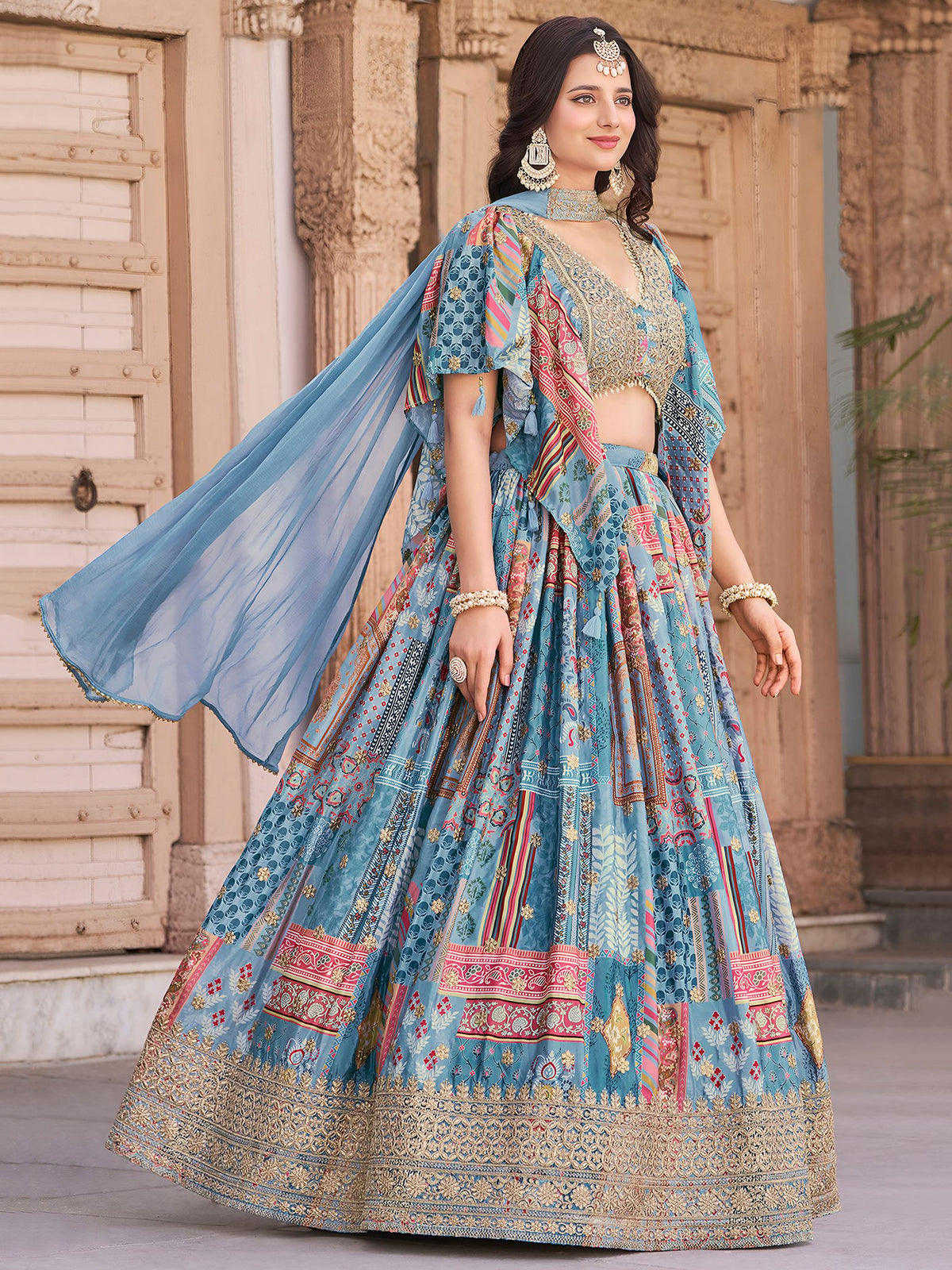 Sky Chinnon Silk Semi-Stitched Lehenga Choli with Chiffon Dupatta