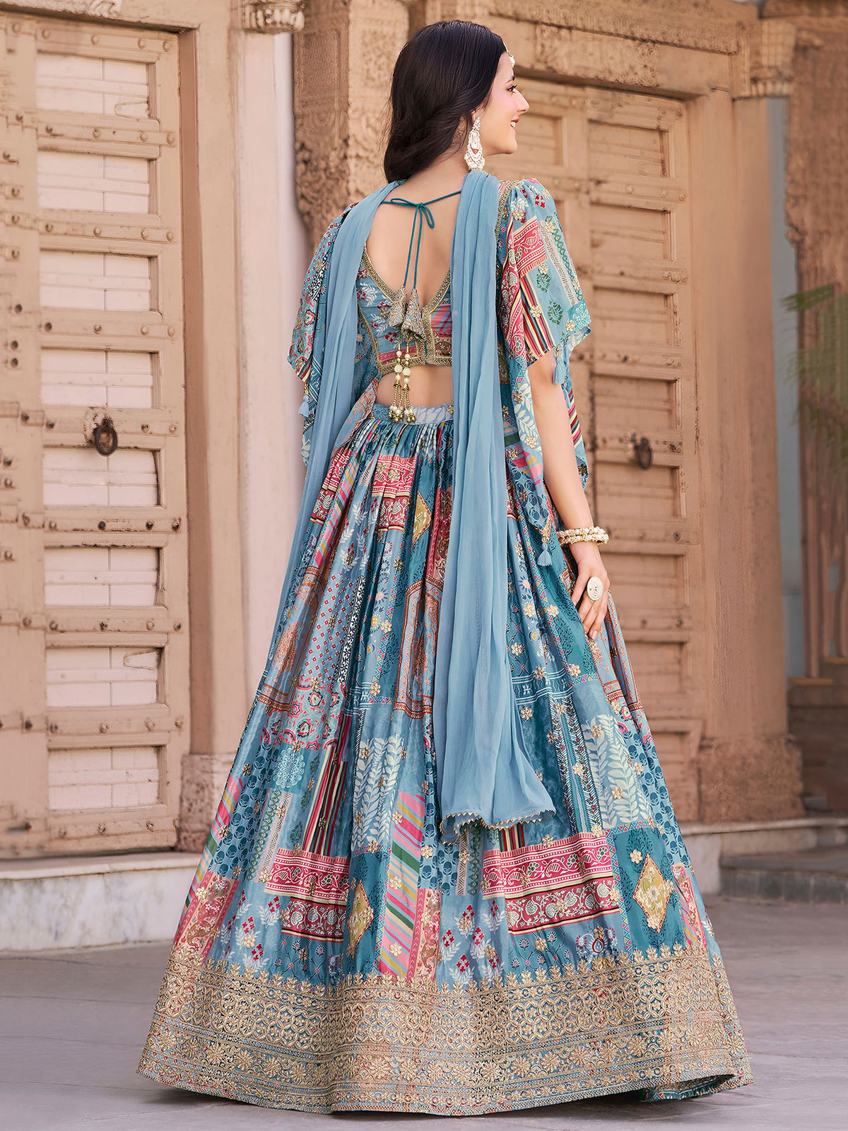 Sky Chinnon Silk Semi-Stitched Lehenga Choli with Chiffon Dupatta