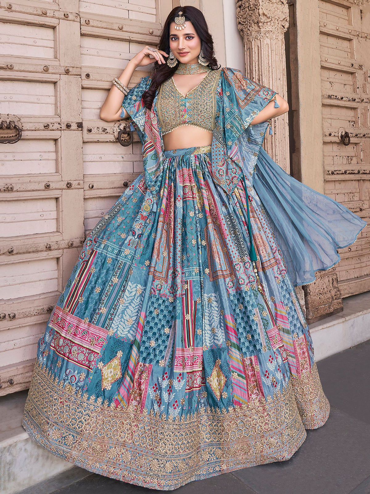 Sky Chinnon Silk Semi-Stitched Lehenga Choli with Chiffon Dupatta