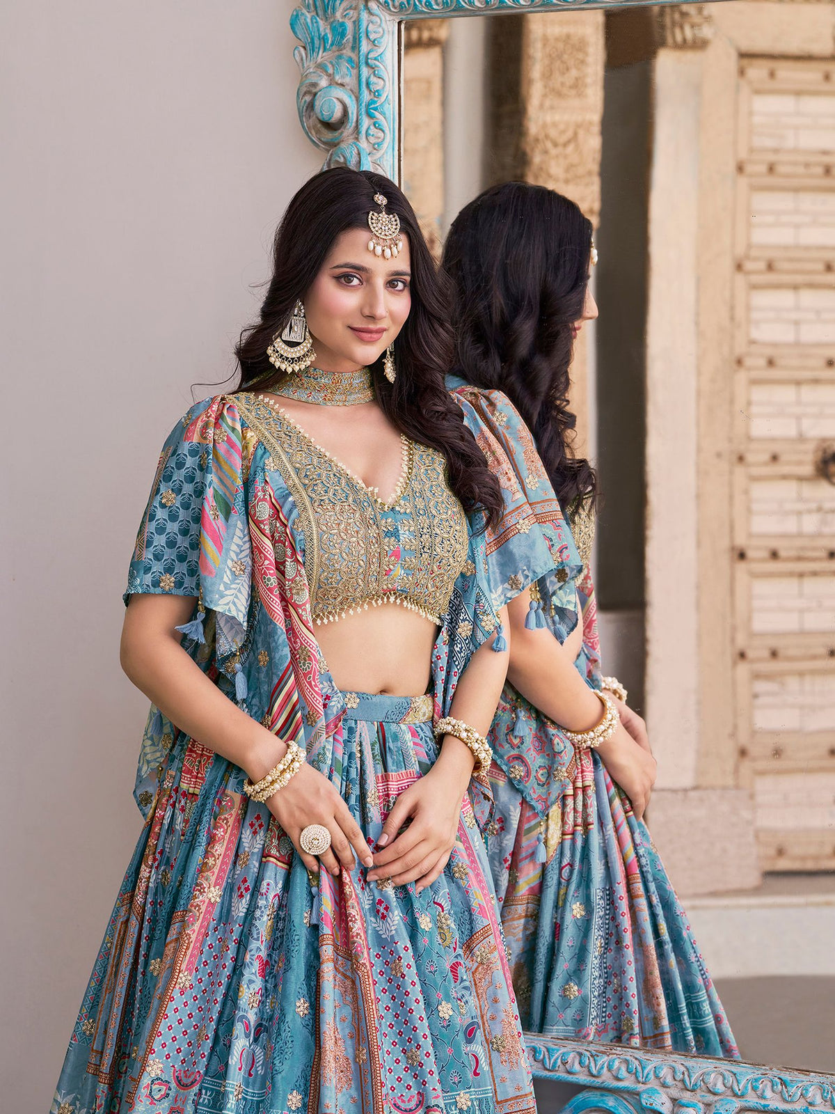 Sky Chinnon Silk Semi-Stitched Lehenga Choli with Chiffon Dupatta