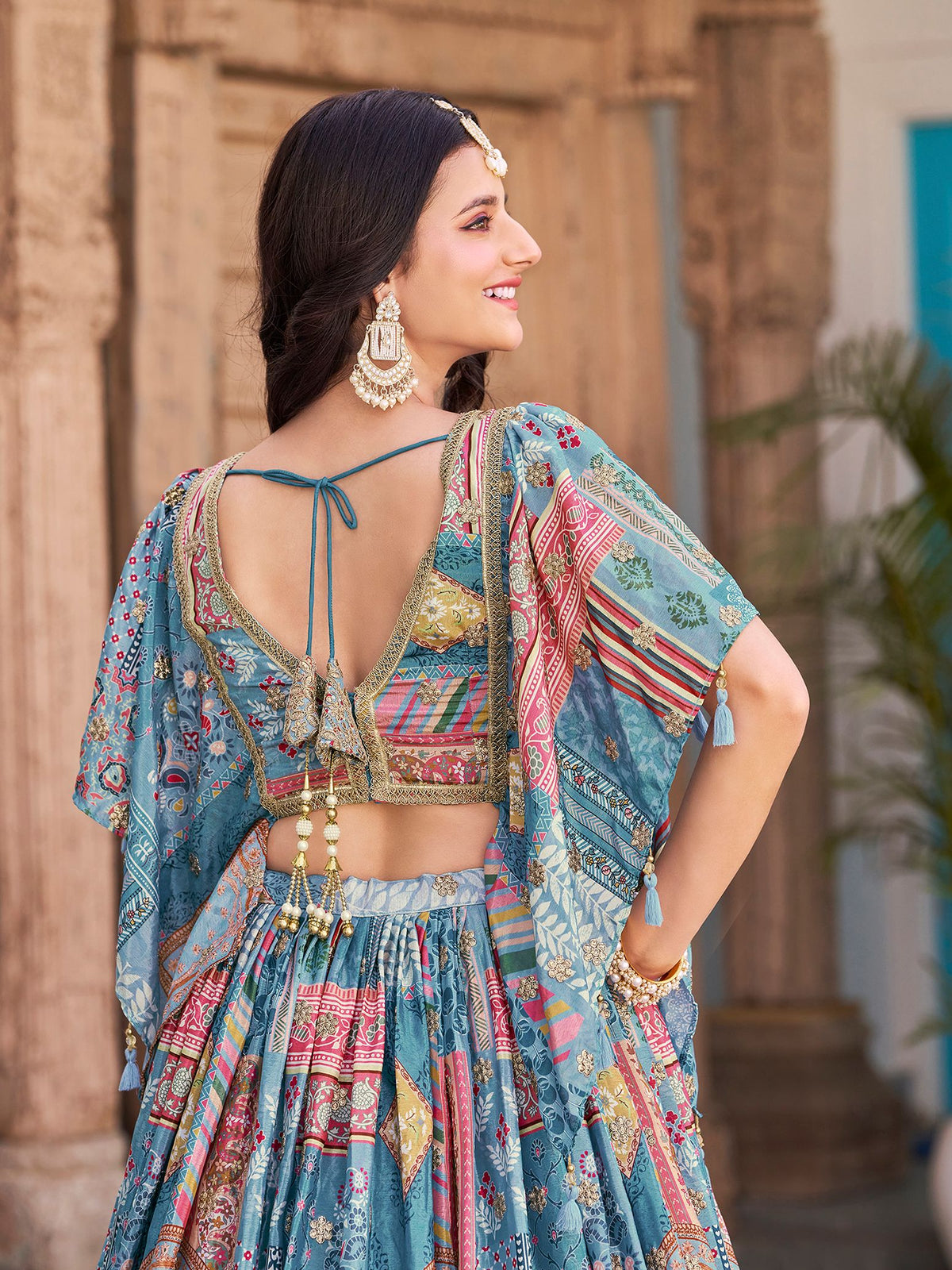 Sky Chinnon Silk Semi-Stitched Lehenga Choli with Chiffon Dupatta