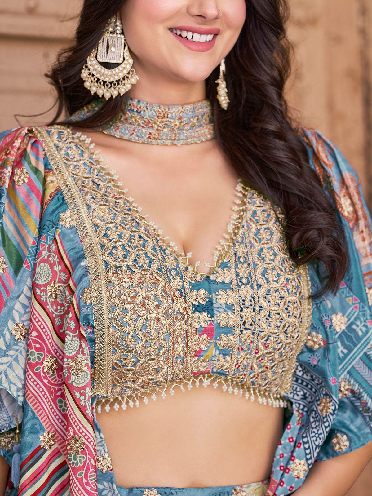 Sky Chinnon Silk Semi-Stitched Lehenga Choli with Chiffon Dupatta