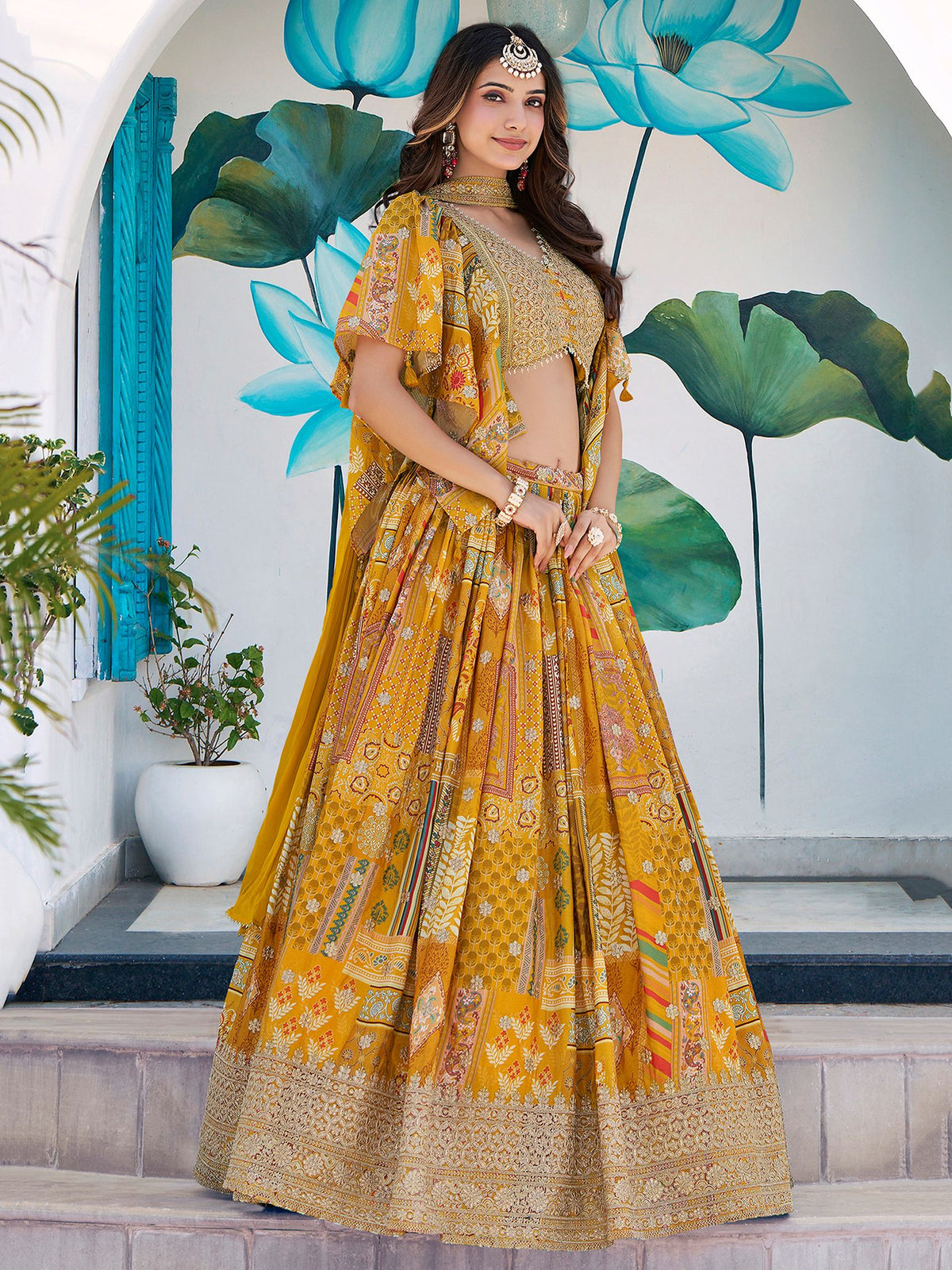 Yellow Chinnon Silk Semi-Stitched Lehenga Choli with Chiffon Dupatta