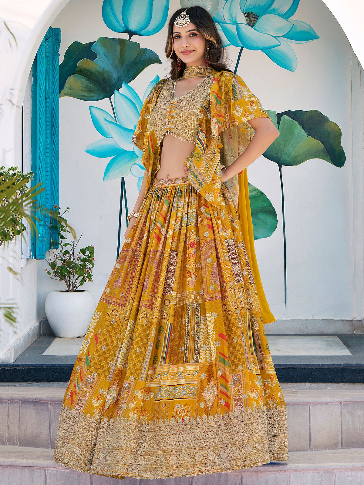 Yellow Chinnon Silk Semi-Stitched Lehenga Choli with Chiffon Dupatta