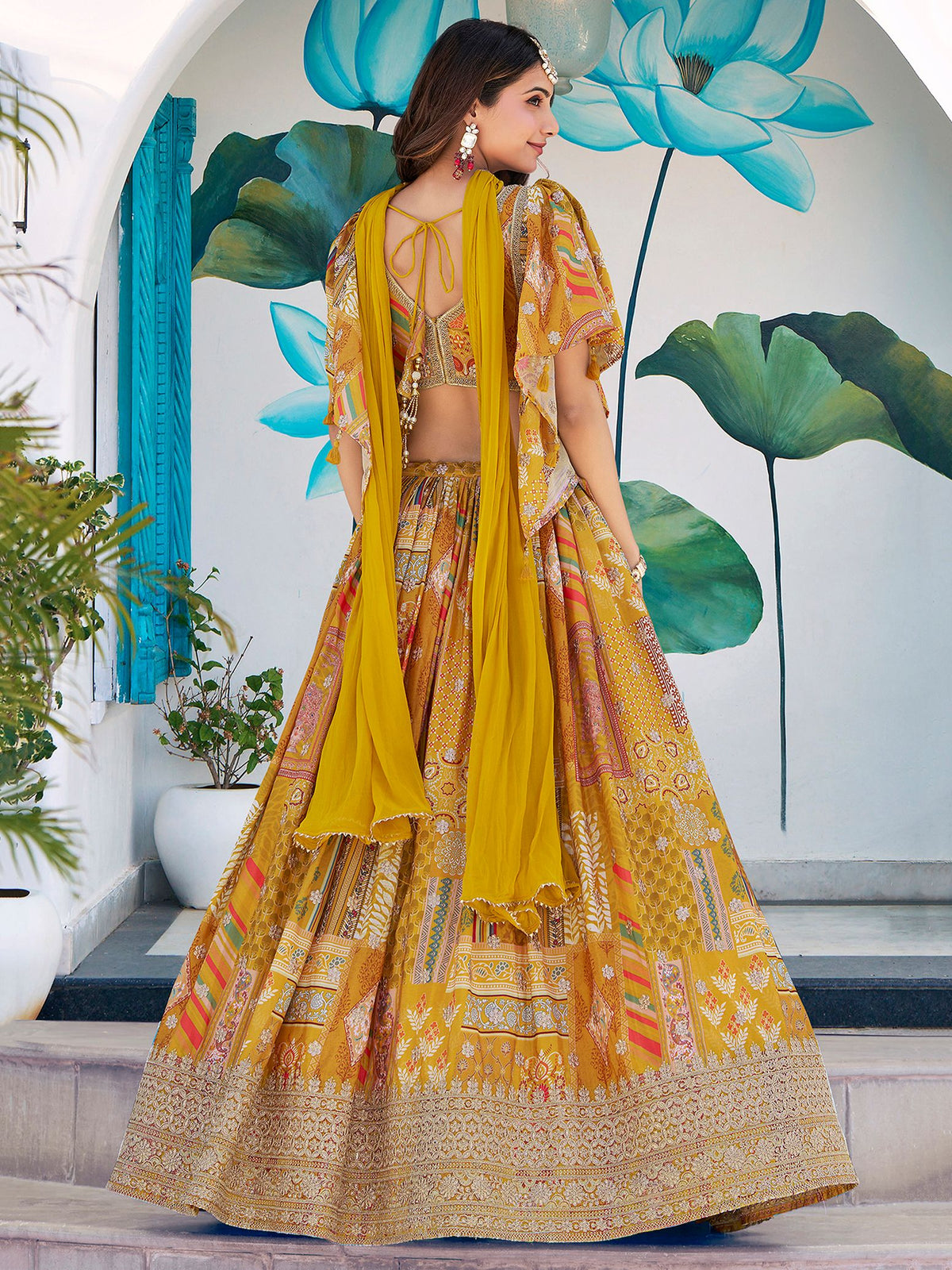 Yellow Chinnon Silk Semi-Stitched Lehenga Choli with Chiffon Dupatta