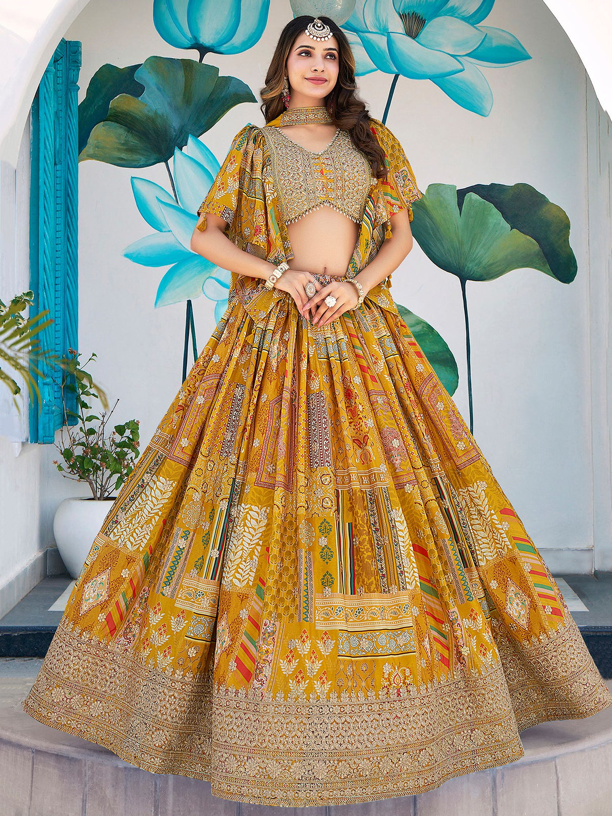 Yellow Chinnon Silk Semi-Stitched Lehenga Choli with Chiffon Dupatta