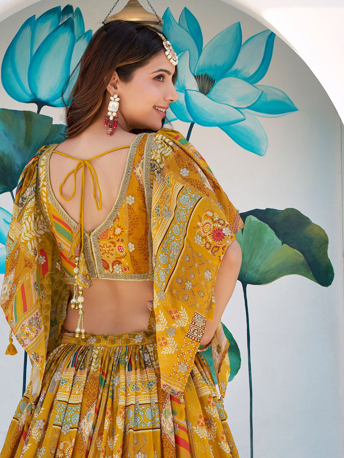 Yellow Chinnon Silk Semi-Stitched Lehenga Choli with Chiffon Dupatta