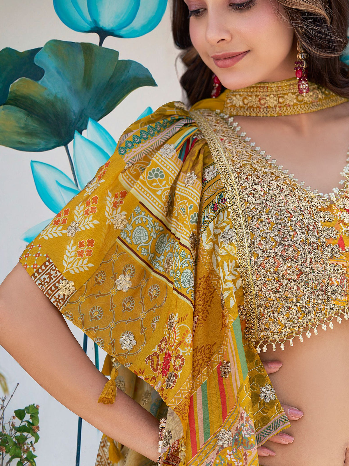Yellow Chinnon Silk Semi-Stitched Lehenga Choli with Chiffon Dupatta