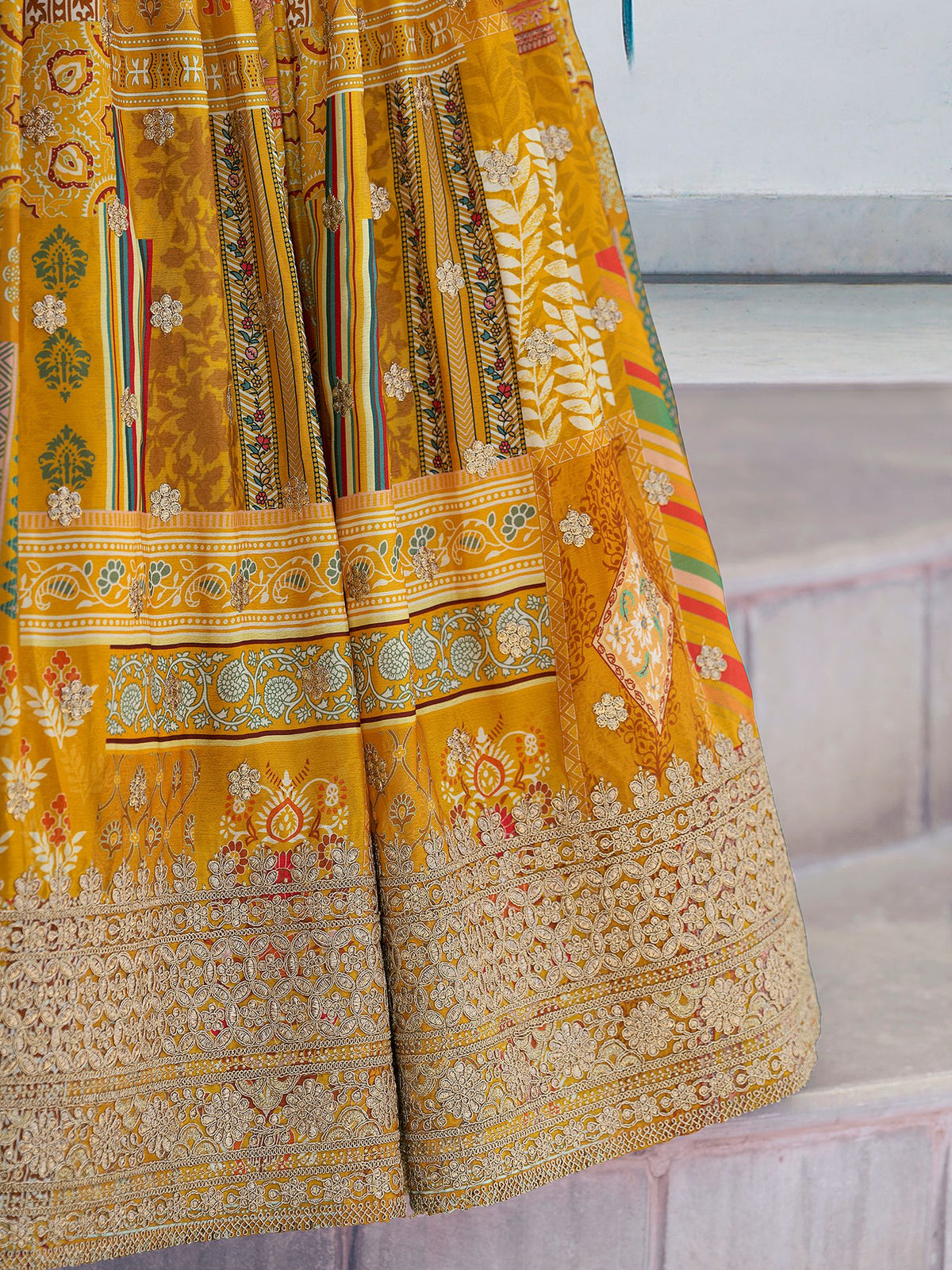 Yellow Chinnon Silk Semi-Stitched Lehenga Choli with Chiffon Dupatta