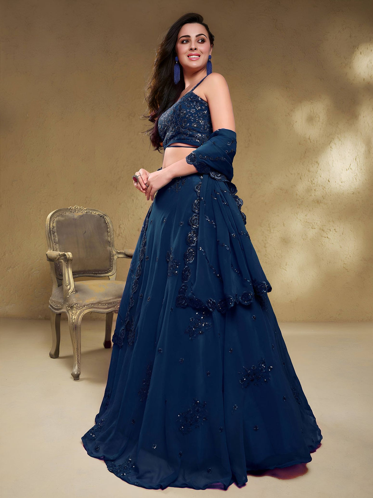 Blue Georgette Semi-Stitched Lehenga Choli with Dupatta