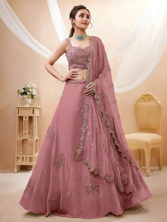 Peach Georgette Semi-Stitched Lehenga Choli with Dupatta