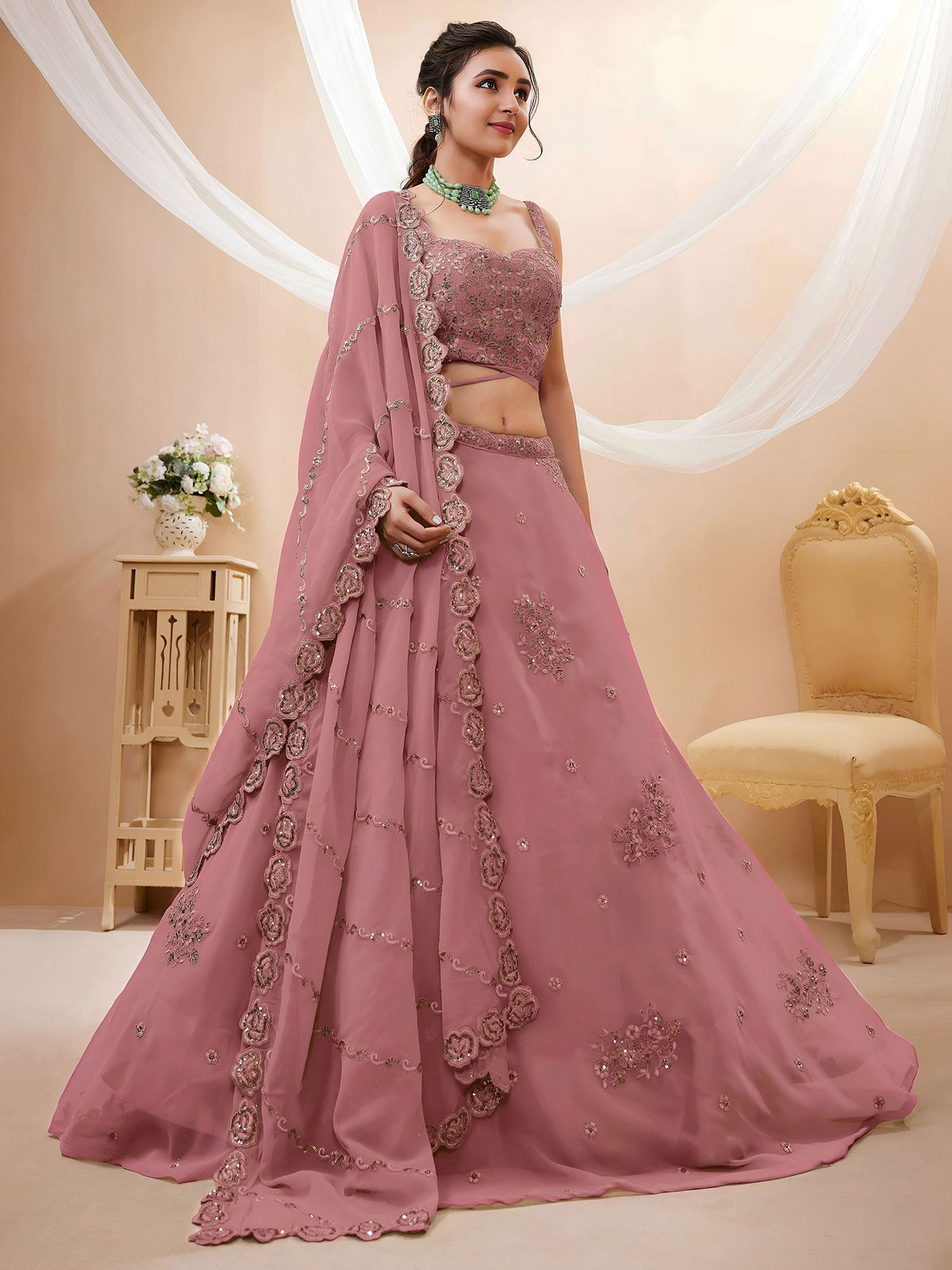 Peach Georgette Semi-Stitched Lehenga Choli with Dupatta