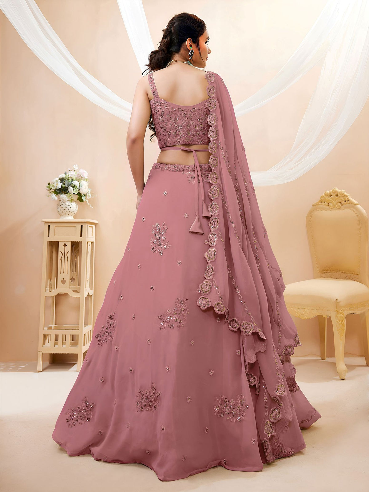 Peach Georgette Semi-Stitched Lehenga Choli with Dupatta