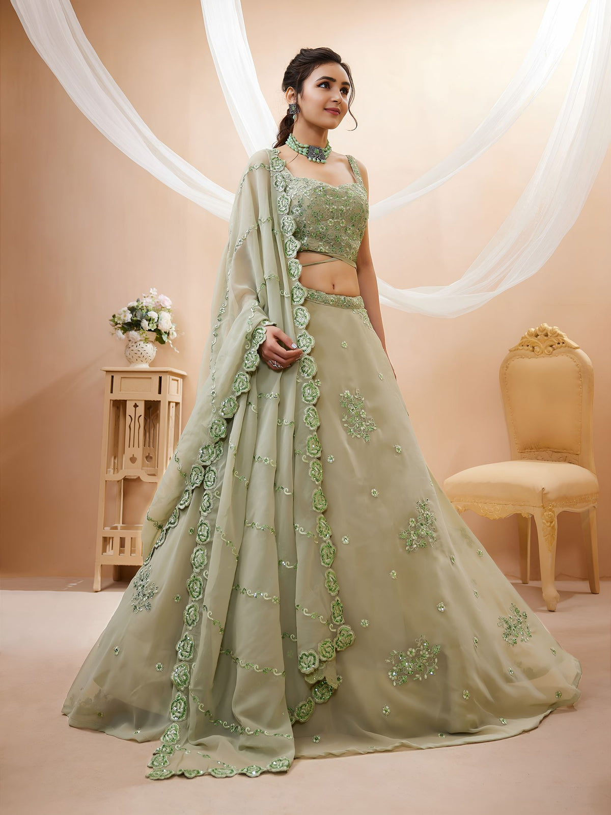 Pista Georgette Semi-Stitched Lehenga Choli with Dupatta