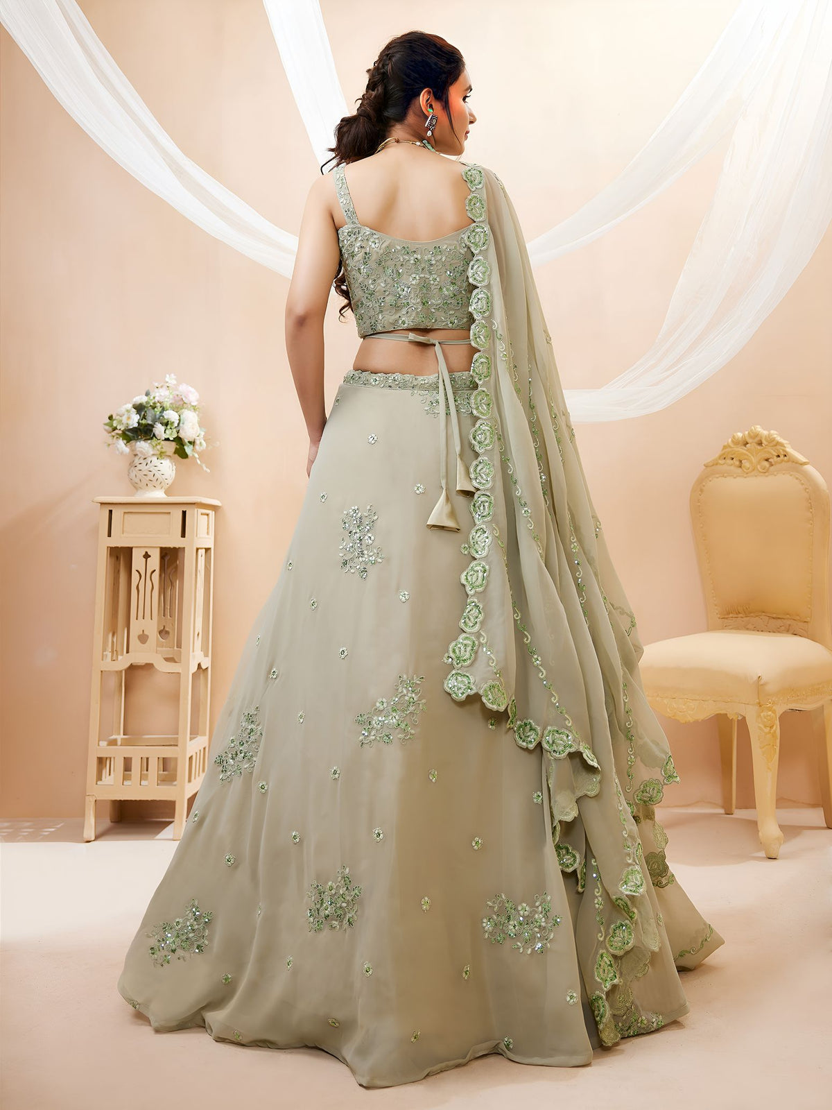 Pista Georgette Semi-Stitched Lehenga Choli with Dupatta