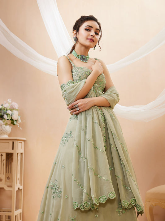 Pista Georgette Semi-Stitched Lehenga Choli with Dupatta