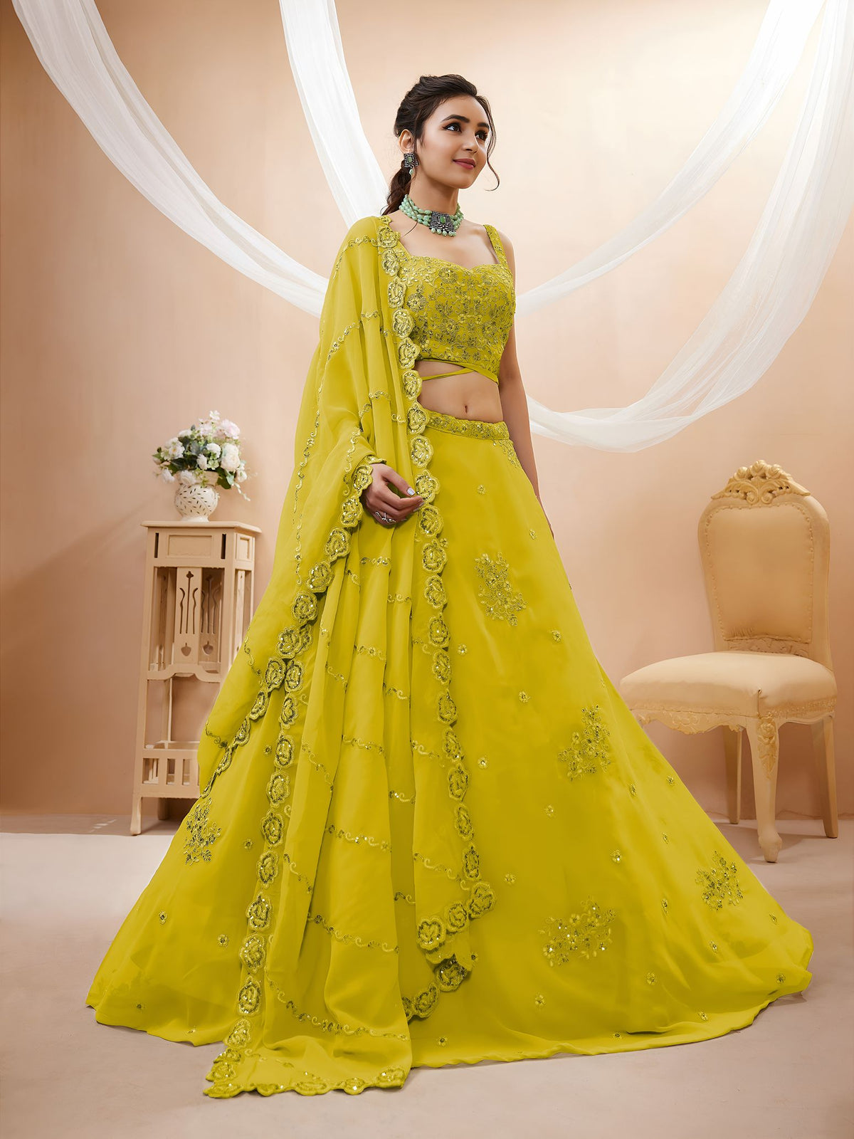 Yellow Georgette Semi-Stitched Lehenga Choli with Dupatta