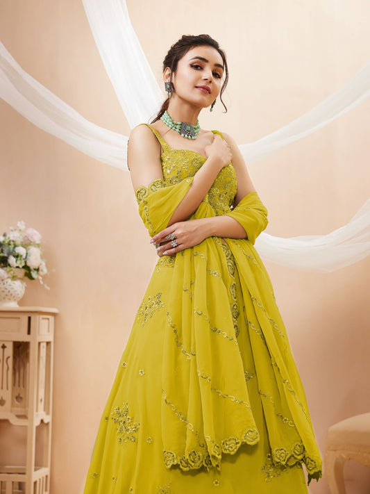 Yellow Georgette Semi-Stitched Lehenga Choli with Dupatta