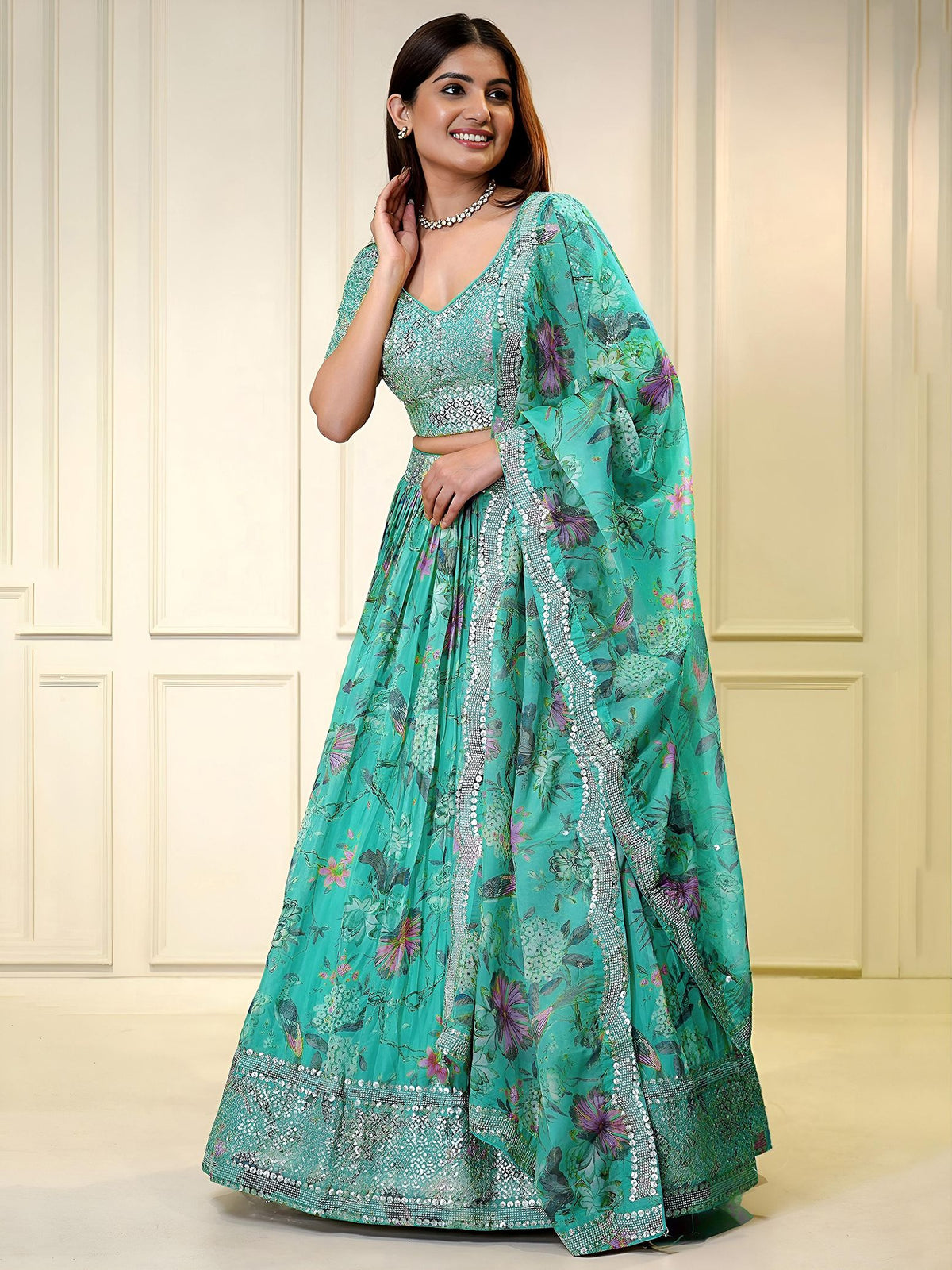 Blue Organza  Semi-Stitched Lehenga Choli with Dupatta
