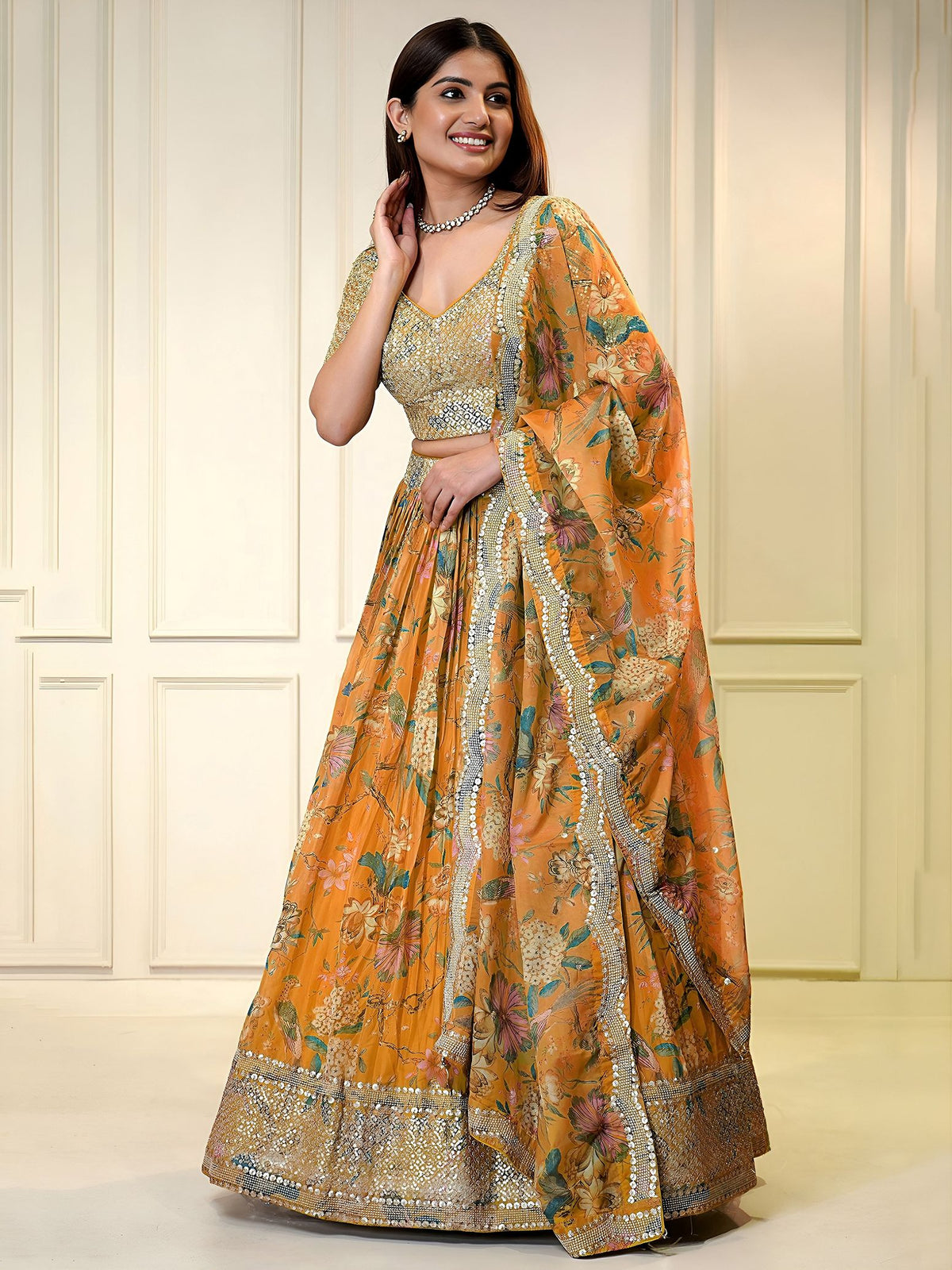 Orange Organza Semi-Stitched Lehenga Choli with Dupatta