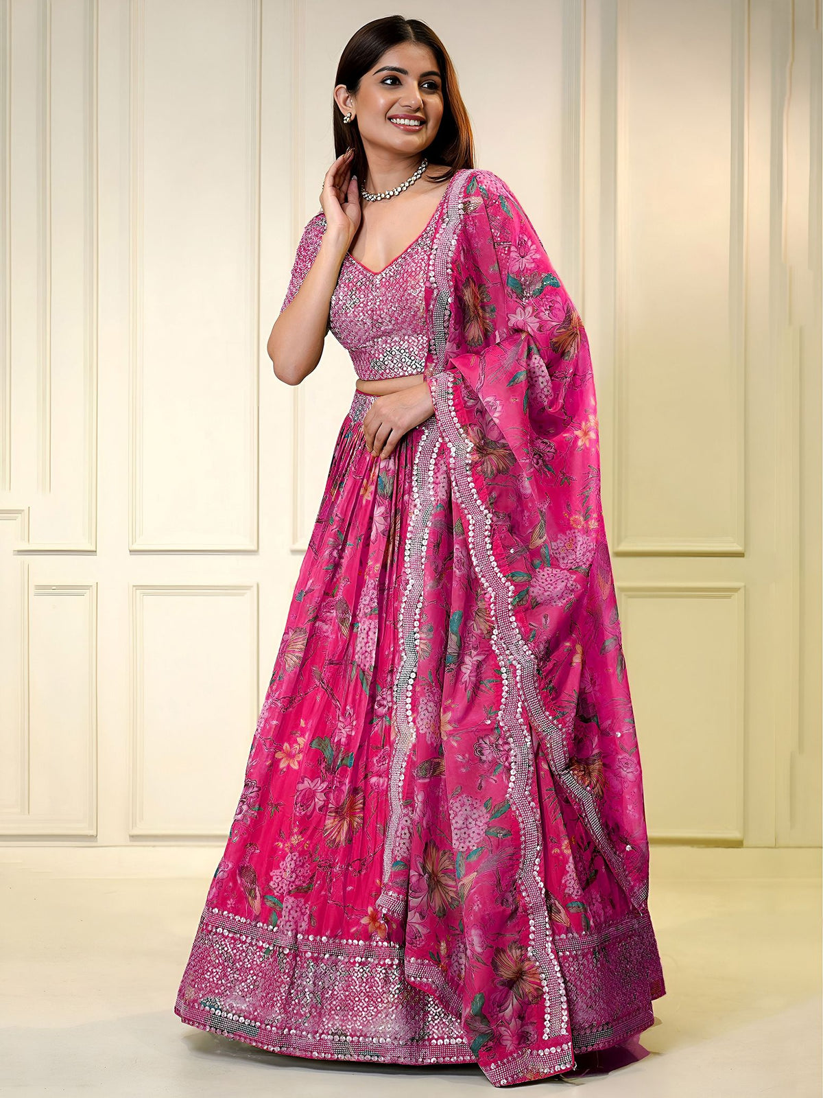 Pink Organza Semi-Stitched Lehenga Choli with Dupatta