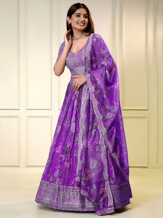 Purple Organza Semi-Stitched Lehenga Choli with Dupatta