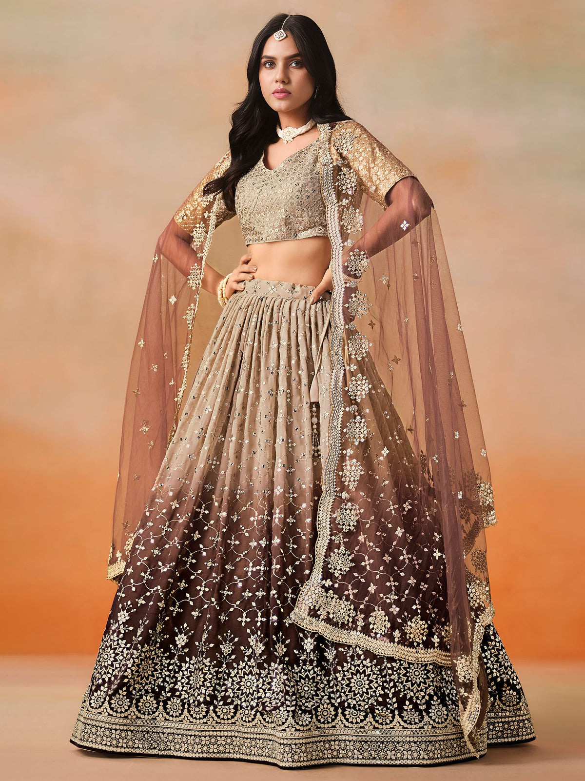 Brown Georgette  Semi-Stitched Lehenga Choli with Soft Net Dupatta