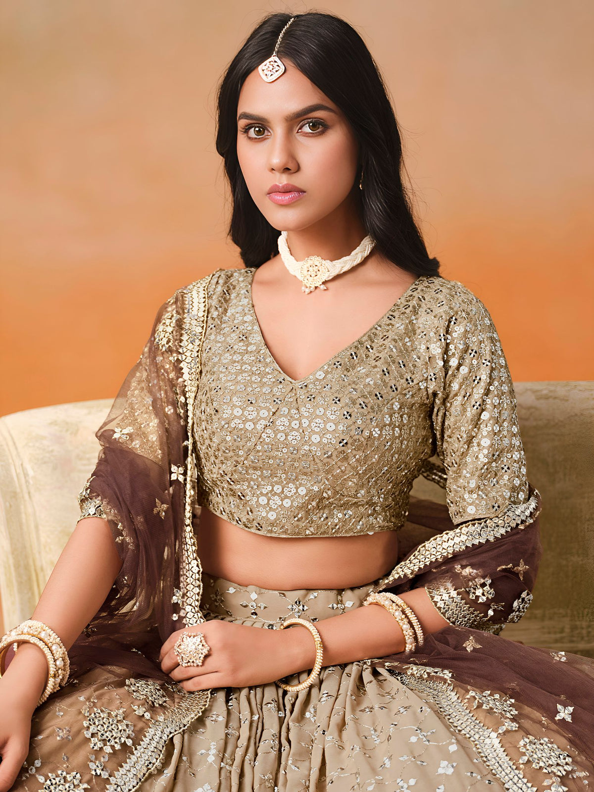Brown Georgette  Semi-Stitched Lehenga Choli with Soft Net Dupatta