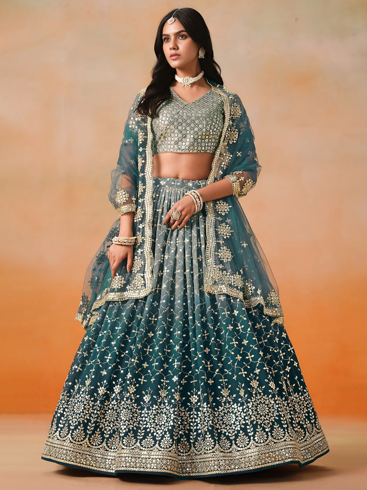 Dove Blue Georgette Semi-Stitched Lehenga Choli with Soft Net Dupatta