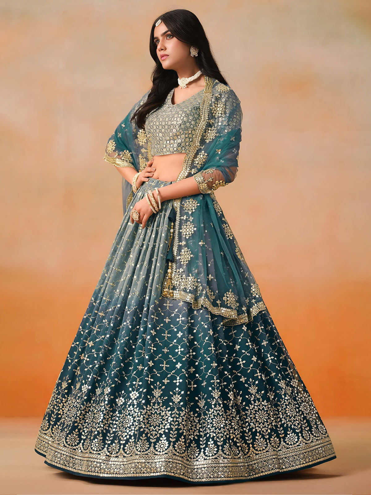Dove Blue Georgette Semi-Stitched Lehenga Choli with Soft Net Dupatta