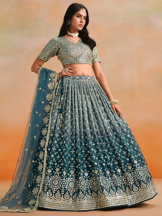 Dove Blue Georgette Semi-Stitched Lehenga Choli with Soft Net Dupatta