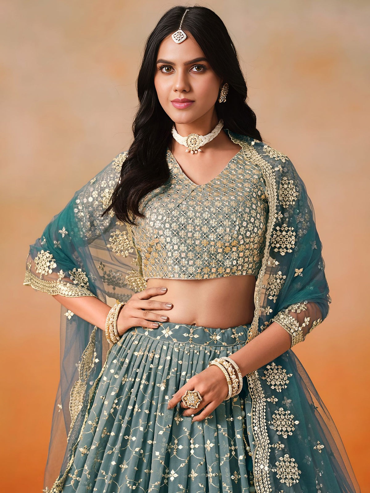 Dove Blue Georgette Semi-Stitched Lehenga Choli with Soft Net Dupatta